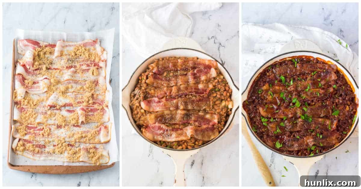 A freshly baked dish of ground beef baked beans, topped with crispy bacon slices, still hot from the oven.