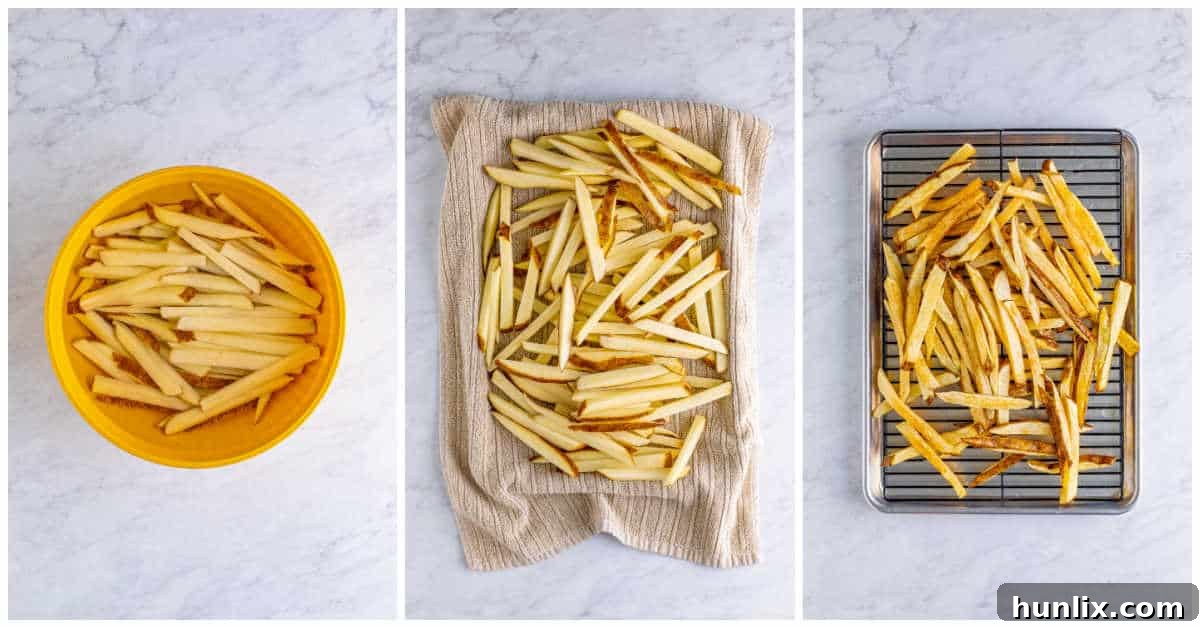 Canada's Iconic Comfort Food 4 A series of three images showing the process of cutting potatoes, soaking them, and blanching them for poutine.