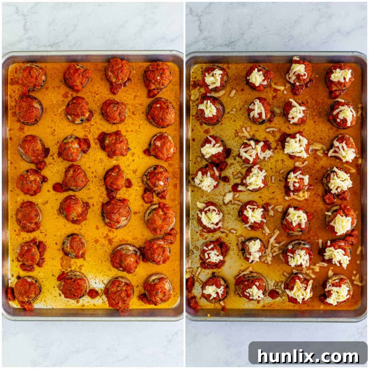 A baking sheet filled with golden-brown, cheesy meatball stuffed mushrooms, freshly baked and ready to be served.