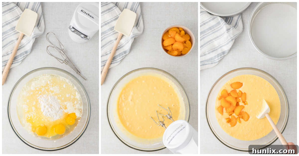Sunshine Citrus Cloud Cake 4 A collage showing the preparation of the cake batter, including adding ingredients to a bowl and gently folding in mandarin orange segments.