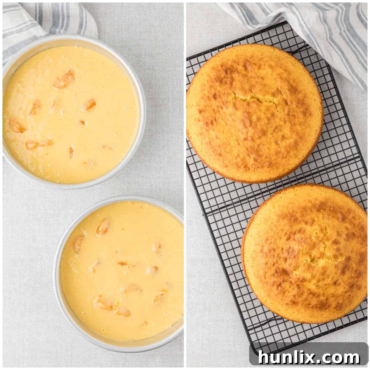 Sunshine Citrus Cloud Cake 5 A collage depicting the baking process, showing cake batter in pans before baking and the golden-brown cake layers cooling on a wire rack.