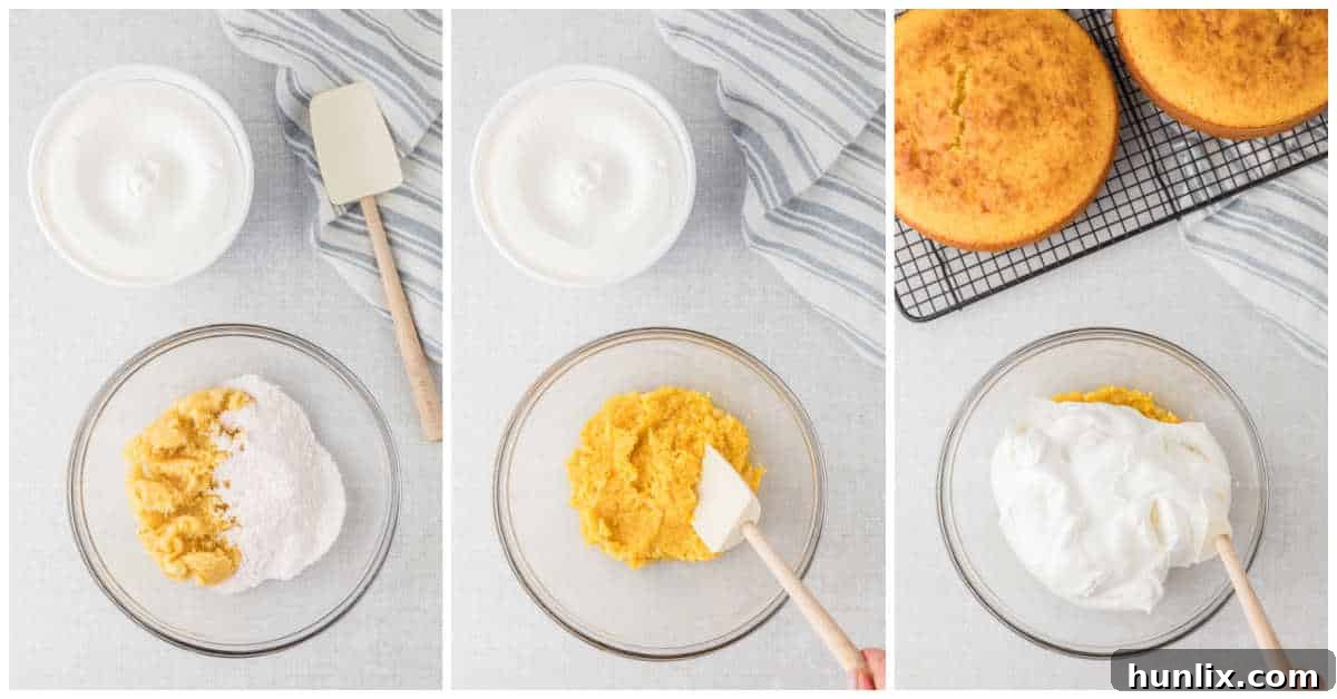Sunshine Citrus Cloud Cake 6 A collage demonstrating the creation of the creamy frosting, with crushed pineapple mixed with pudding and then folded into whipped topping.
