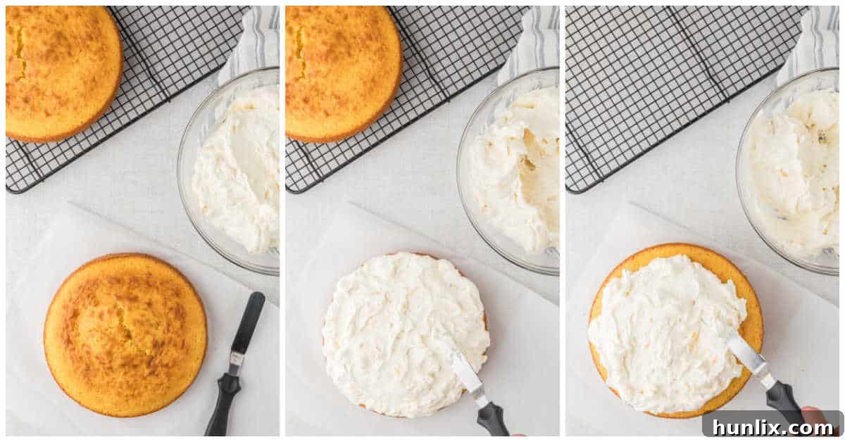 Sunshine Citrus Cloud Cake 7 A collage illustrating the cake assembly, showing the first cake layer being frosted, then the second layer added, and finally the entire cake being covered with frosting.