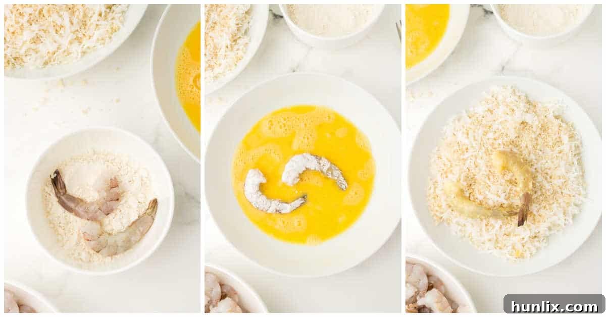 Collage of dipping the shrimp in the bowls of ingredients.