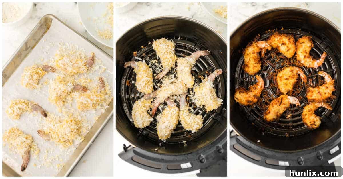 Collage of cooking the shrimp in the air fryer.