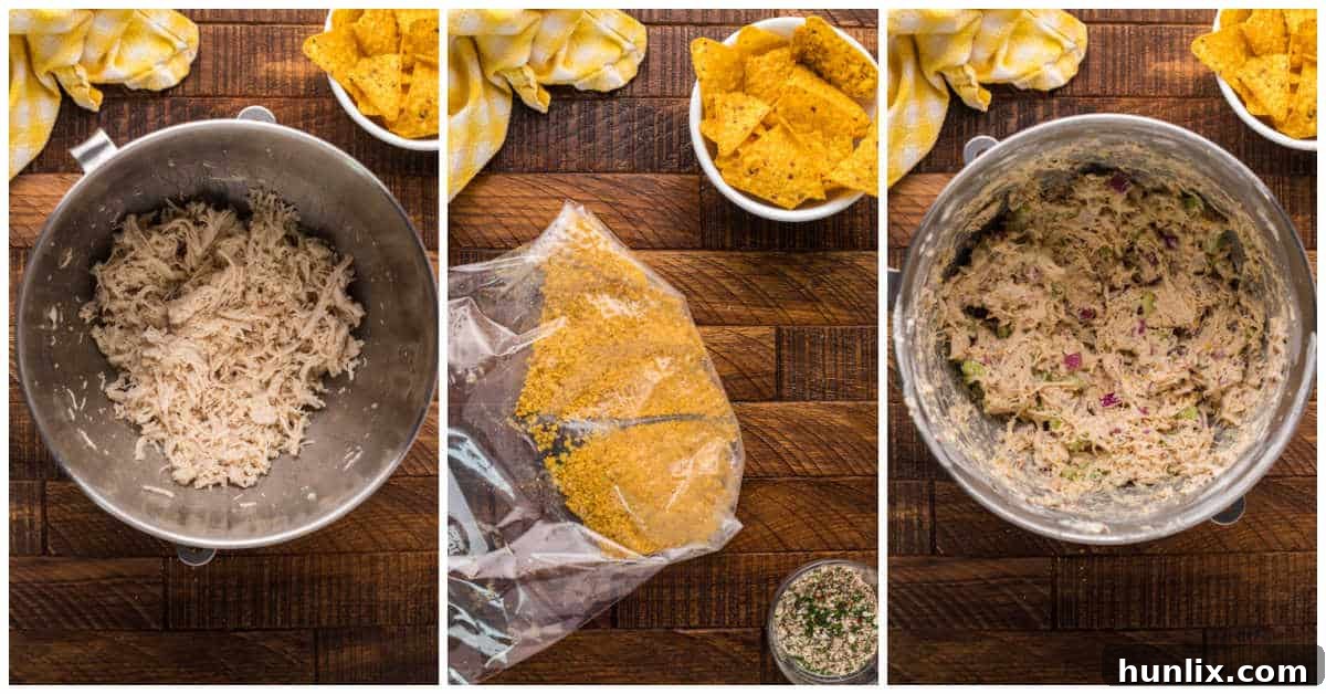 A visual guide showing the initial steps of preparing chicken and crushing Doritos for the pinwheel filling.