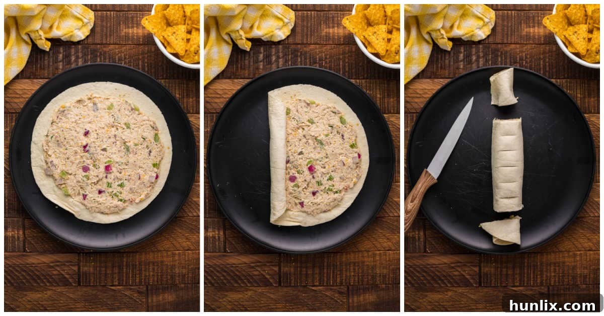 A visual guide showing the process of spreading the filling, rolling, and slicing the chicken pinwheels.