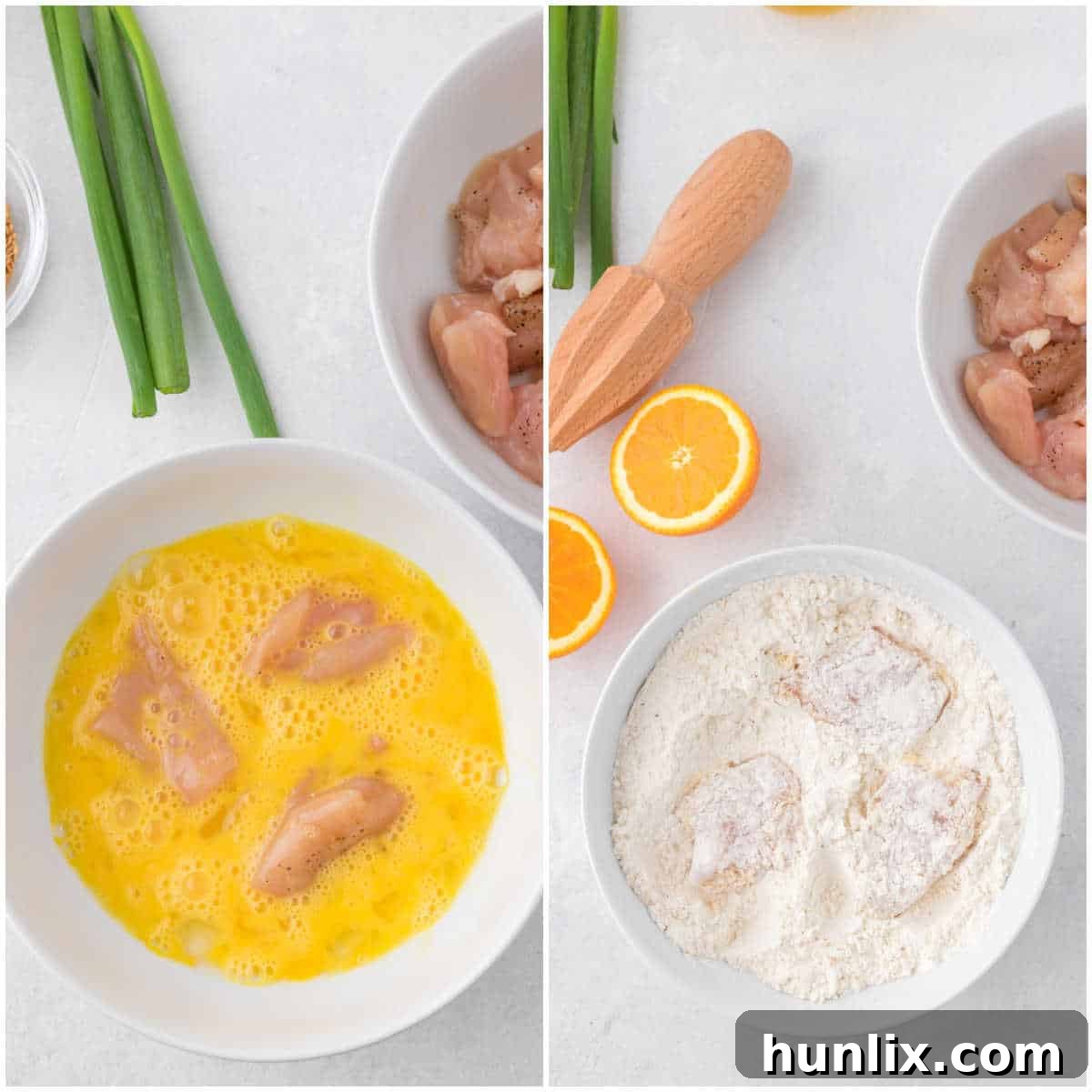 Sequential images demonstrating the process of coating chicken pieces in egg and flour mixtures before frying.