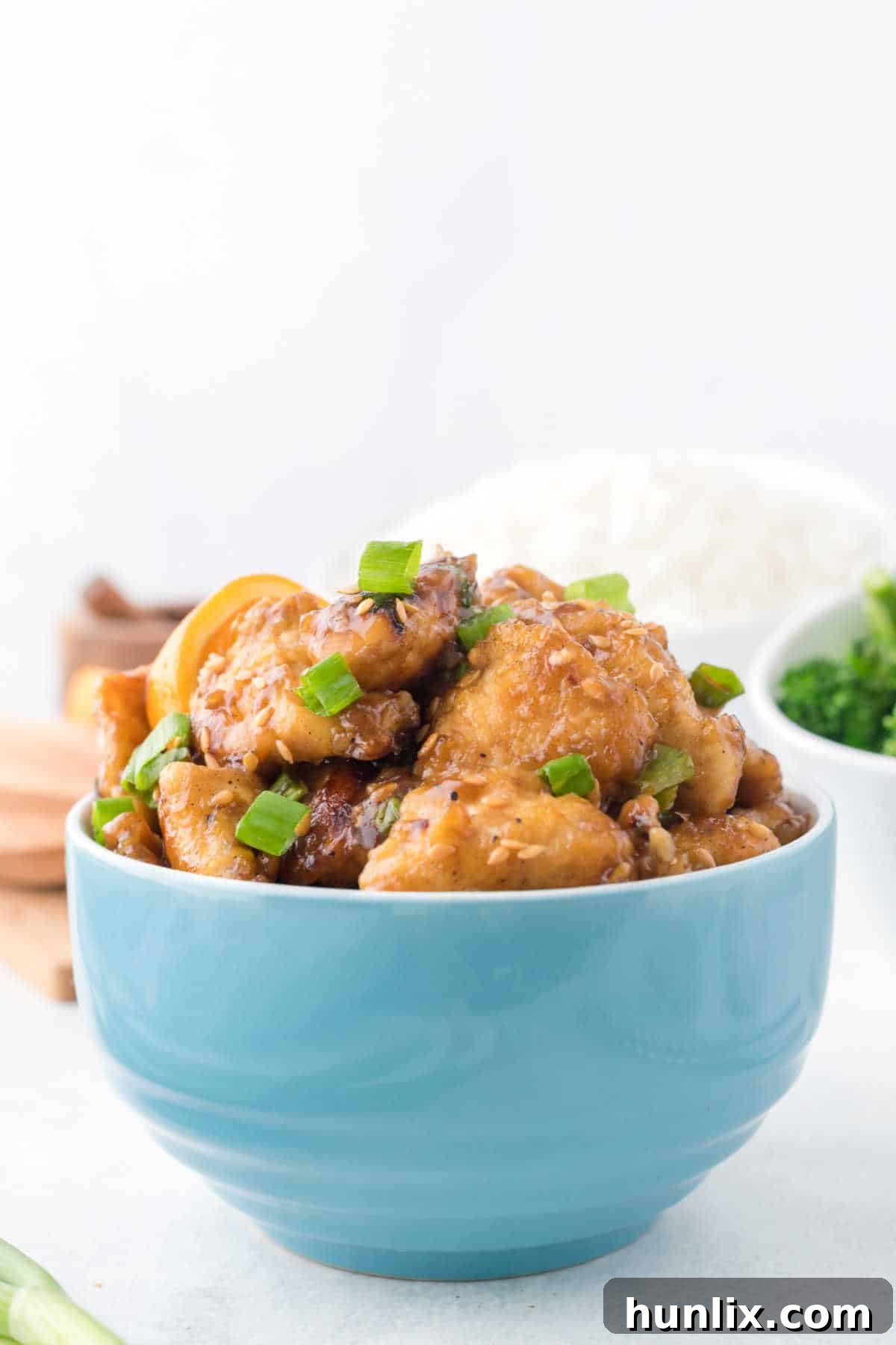 An appetizing bowl of orange chicken, garnished and ready to be enjoyed as a meal.