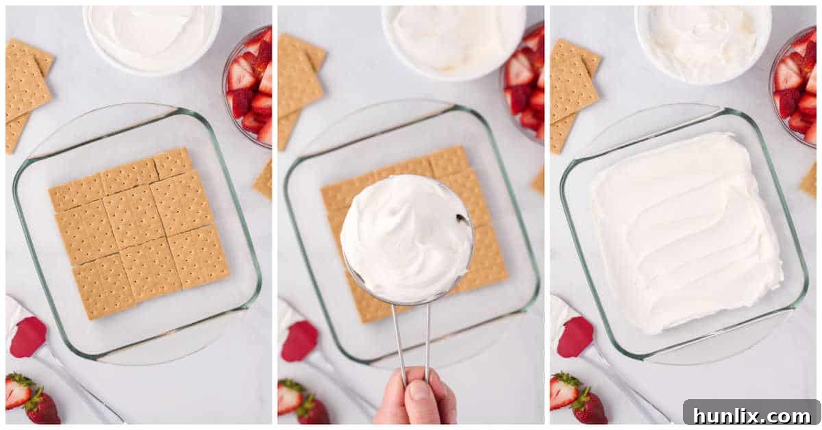 A collage showing the first two steps: layering graham crackers and then spreading Cool Whip in a pan.