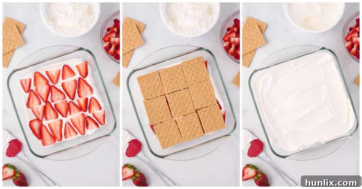 A collage demonstrating the repetition of layers: graham crackers, Cool Whip, and strawberries.