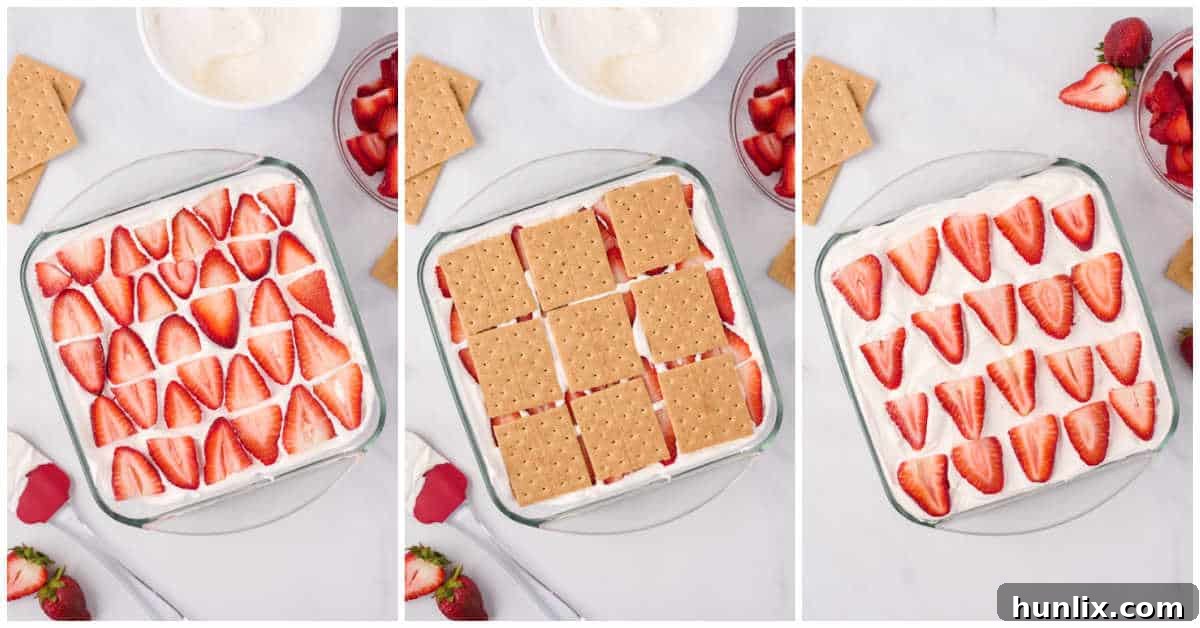 A collage showing the assembled icebox cake covered and ready for chilling in the refrigerator.