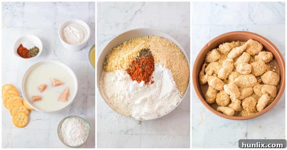 The Ultimate Homemade Chick-fil-A Nuggets 4 A visual collage showing the preparation steps for making copycat Chick-fil-A nuggets, including marinating chicken, preparing breading, and frying the nuggets.