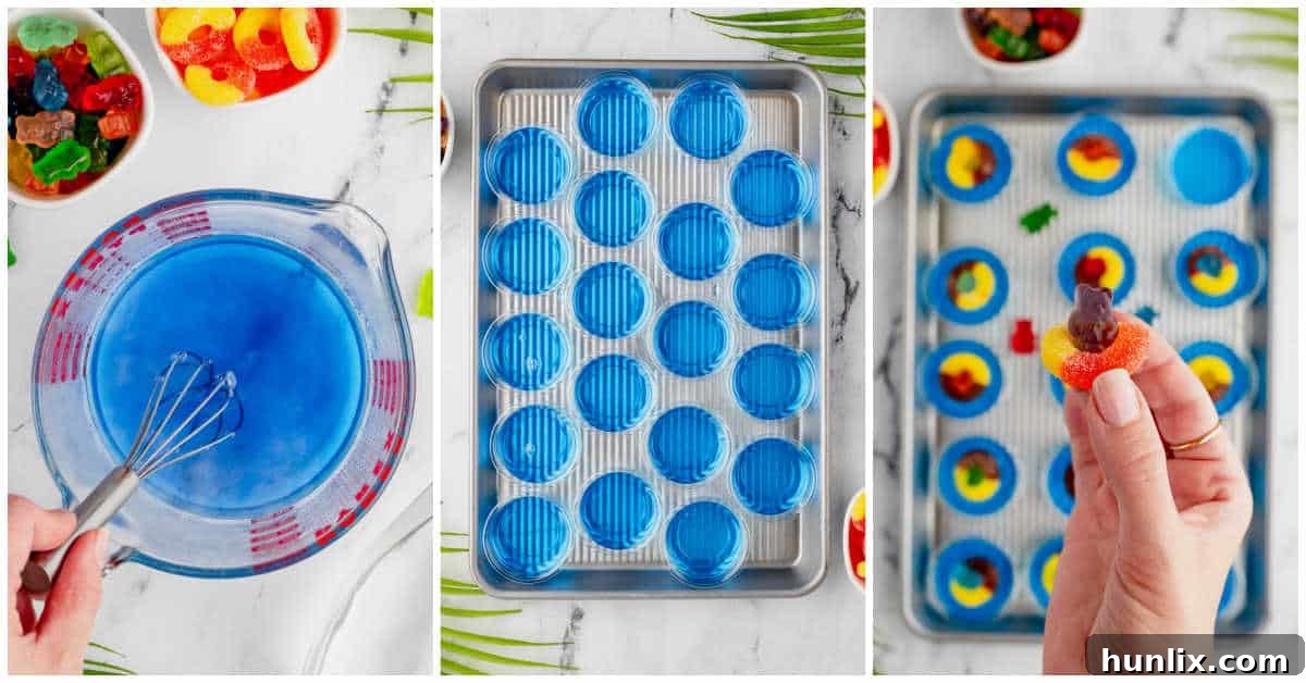 A collage showing the preparation stages of Pool Party Jello Shots, from mixing ingredients to placing gummy bear garnishes.