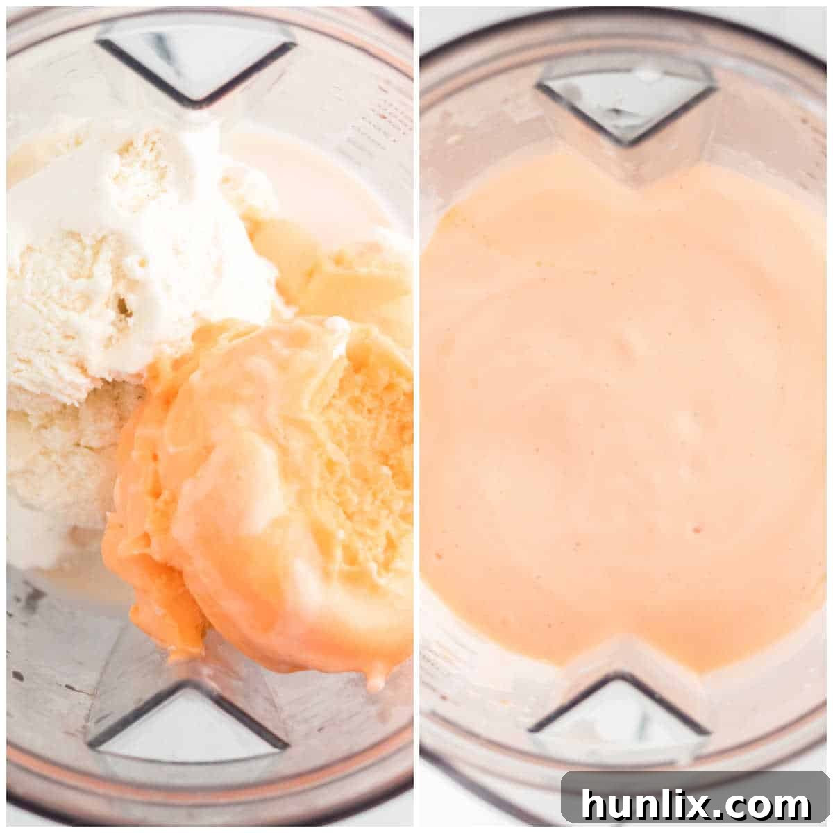 A collage showing the step-by-step process of adding ingredients to a blender for the boozy orange creamsicle milkshake.