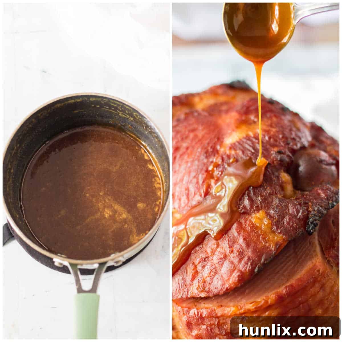 Christmas Glazed Ham 5 Close-up view of the orange brown sugar glaze simmering in a pot on the stovetop, thickening to a perfect consistency.