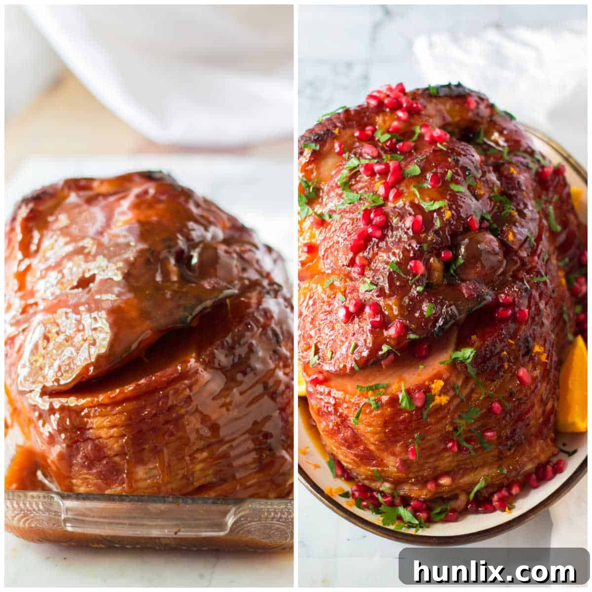 Christmas Glazed Ham 6 The final steps of garnishing the baked Christmas ham with orange zest, pomegranate seeds, and parsley on a festive serving platter.