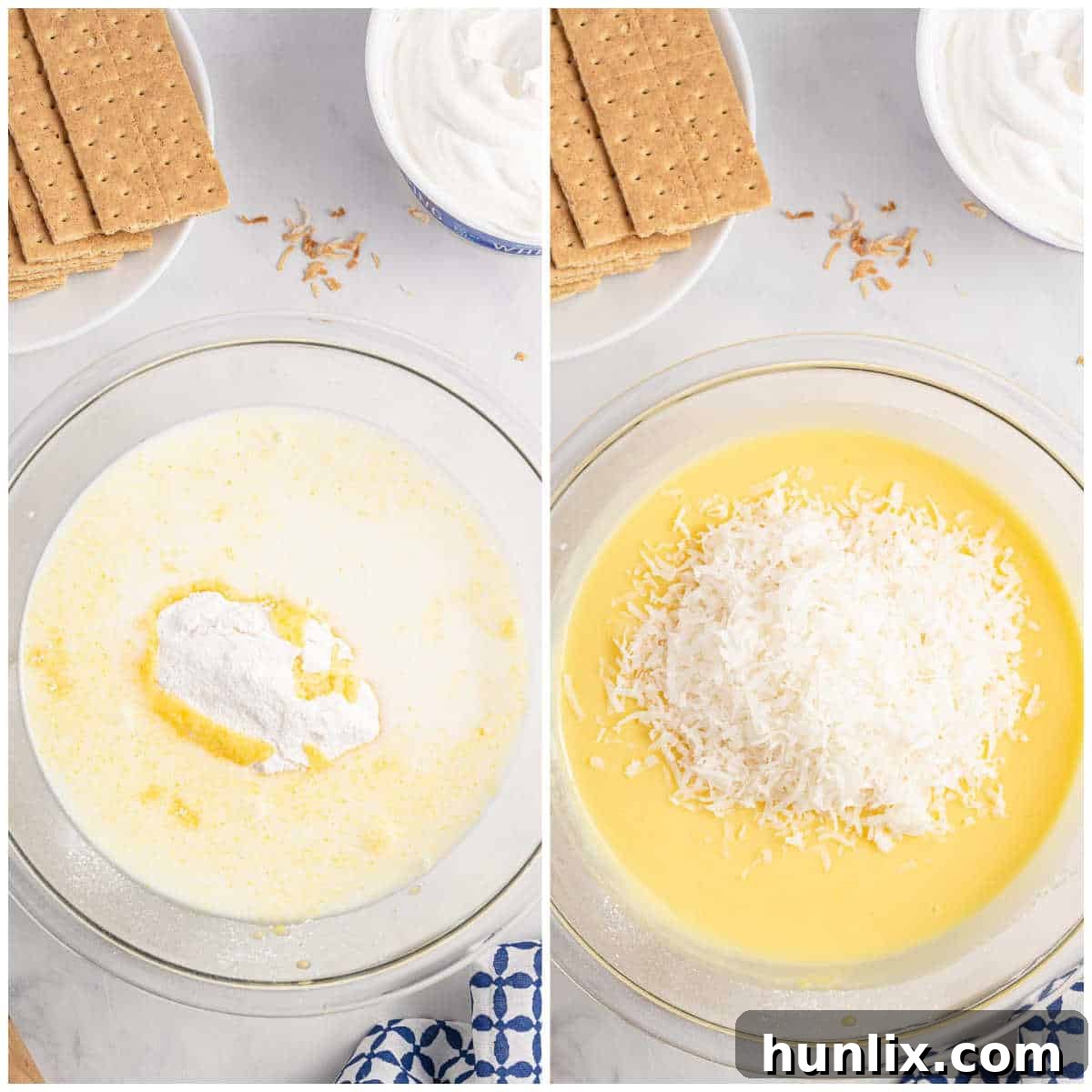 Creamy Coconut Chill Cake 4 Collage of making the filling in a bowl.