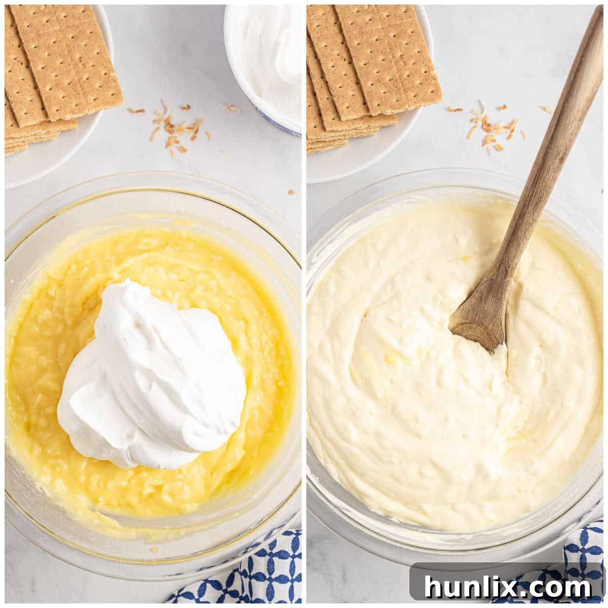 Creamy Coconut Chill Cake 5 Collage of mixing ingredients in a bowl.