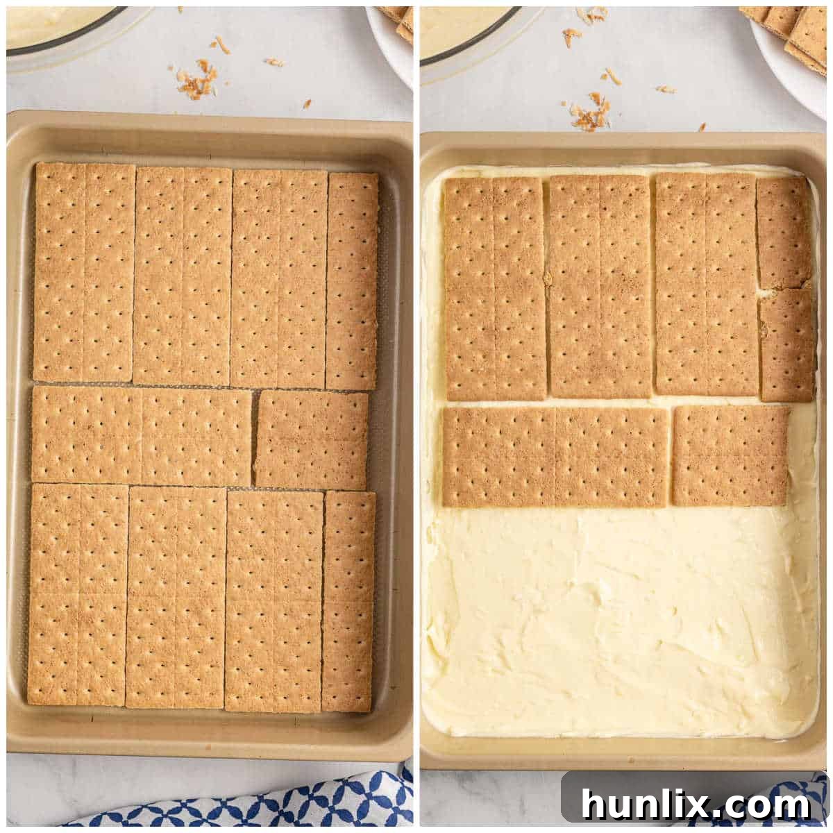 Creamy Coconut Chill Cake 6 Collage of layering the graham crackers in a pan.