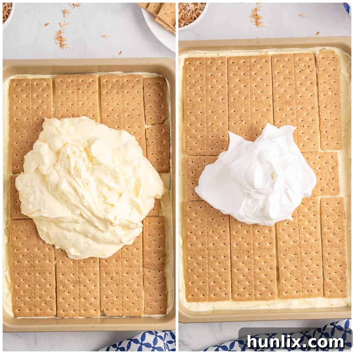 Creamy Coconut Chill Cake 7 Collage of layering the mixture in a pan.