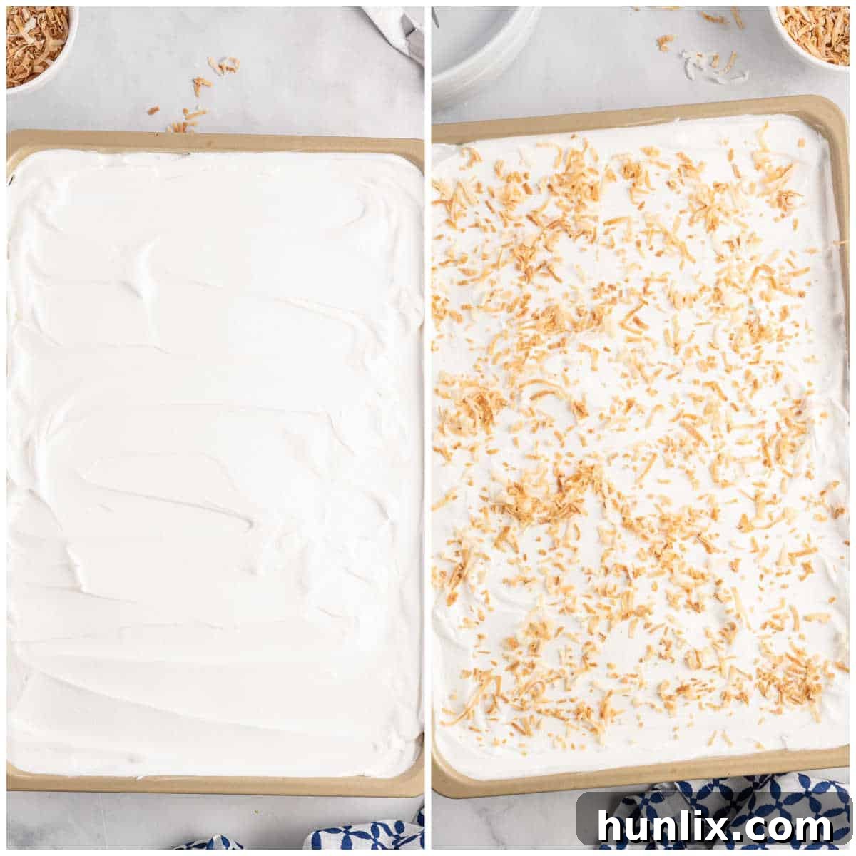 Creamy Coconut Chill Cake 8 Collage of layering the ingredients in a pan.