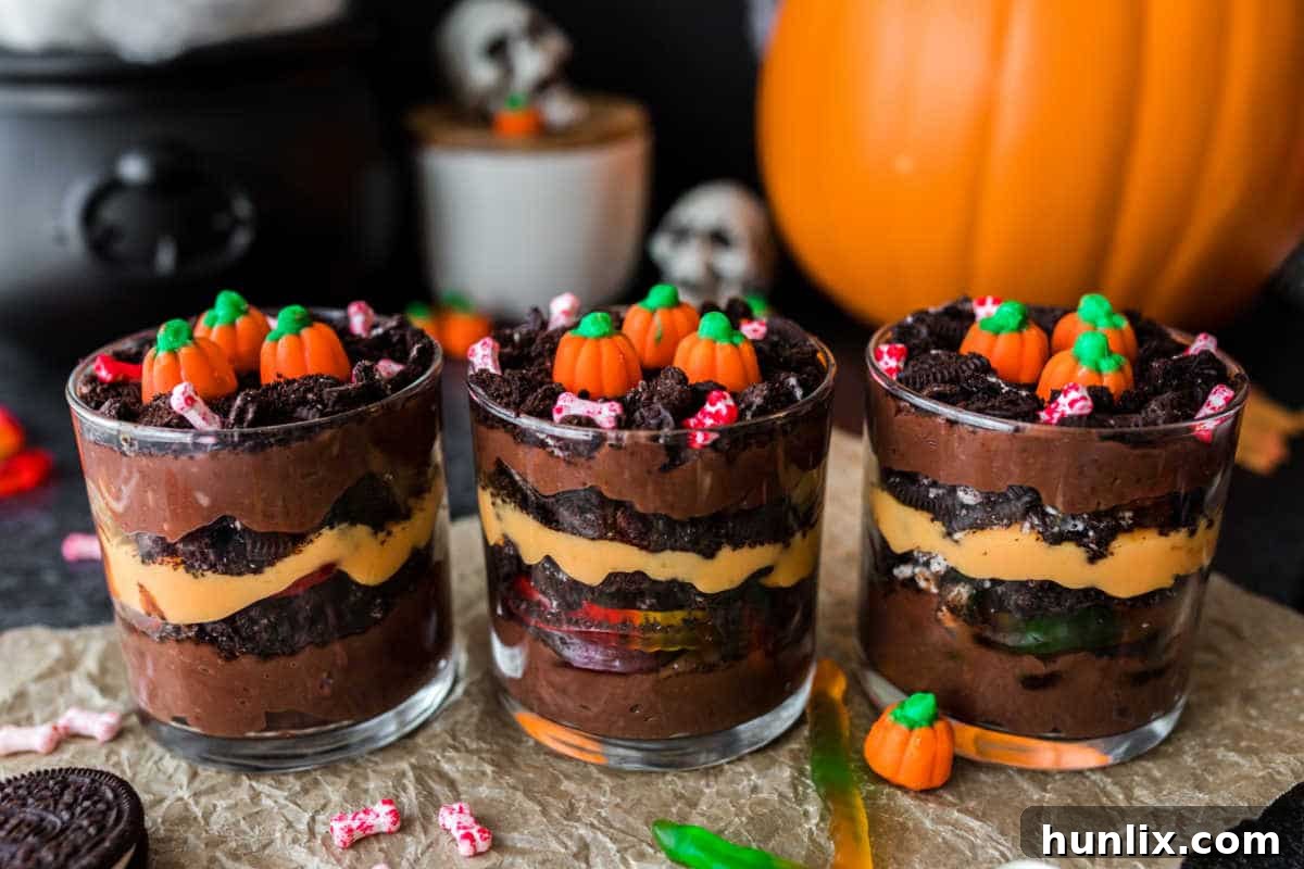 Pumpkin Patch Pudding Pots 8 A row of pumpkin patch dirt cups.