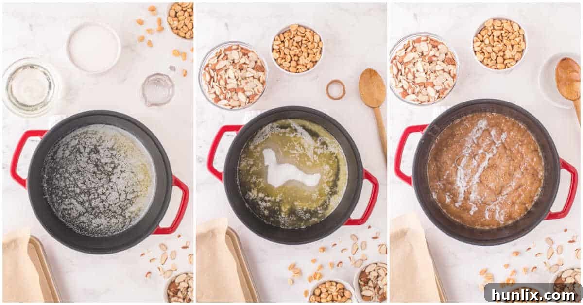 Nutty Caramel Crunch 4 Collage of cooking ingredients in a pot.