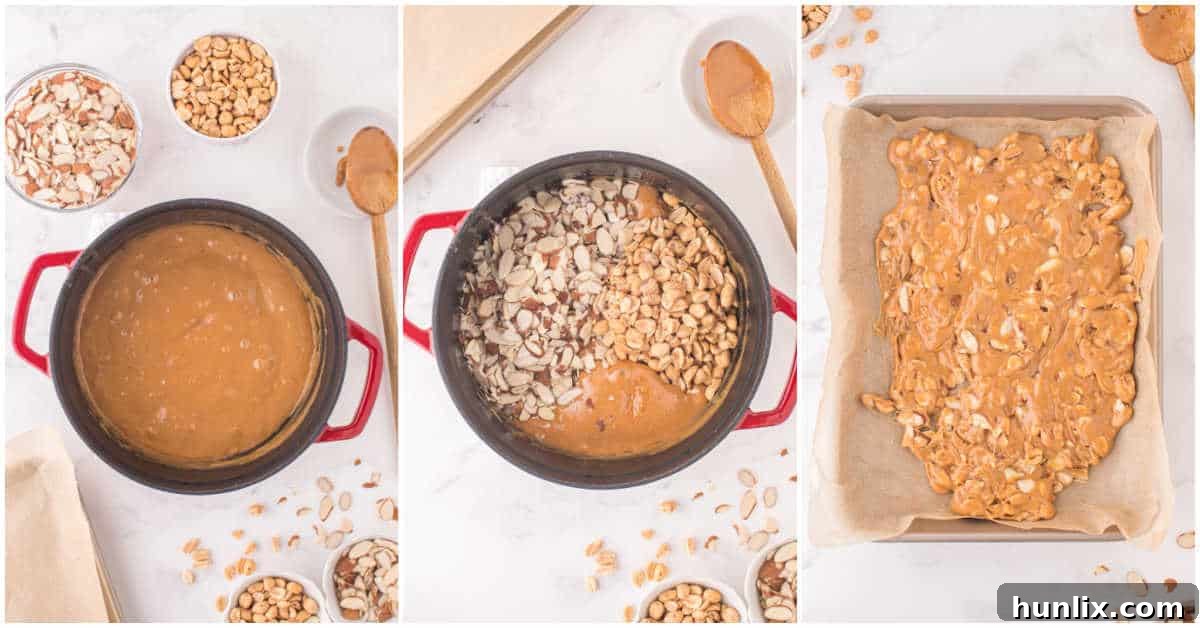 Nutty Caramel Crunch 5 Collage of mixing ingredients on a pot and spreading on a pan.