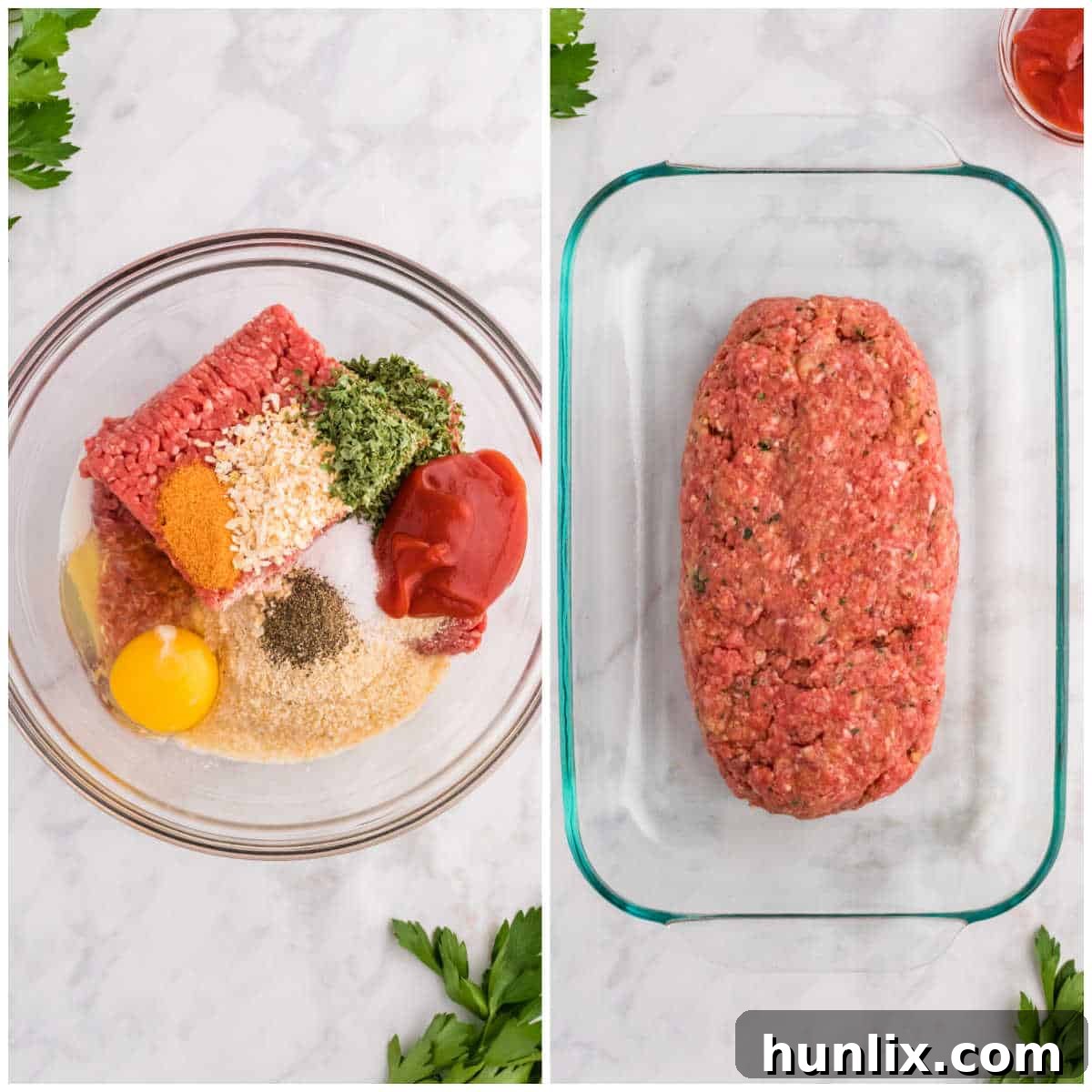 A bowl of meatloaf mixture being prepared, showing the combined ingredients ready for shaping.