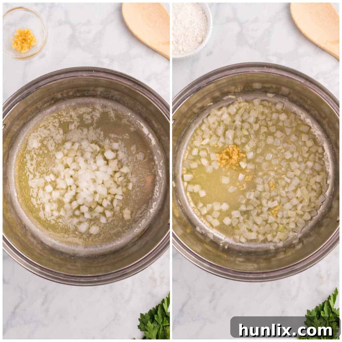 A close-up of chopped onions and garlic sizzling in melted butter in a large pot, the first step in making creamy chicken noodle soup.