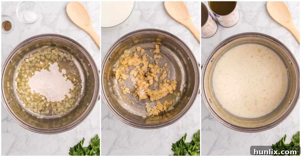 A pot of creamy soup base, thickened with flour and simmering, showing the rich, smooth texture before adding other ingredients.