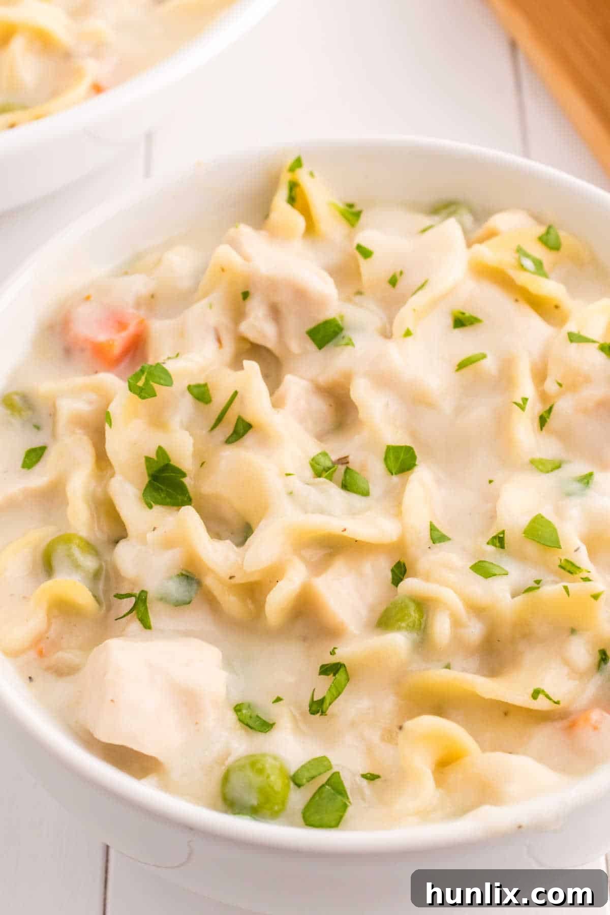 A full bowl of creamy chicken noodle soup, ready to be eaten, highlighting the perfect blend of chicken, noodles, and vegetables.
