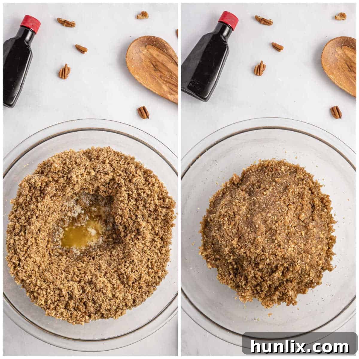 Pecan Pie Truffles 4 A visual collage illustrating the process of mixing ingredients for pecan pie balls in a bowl.