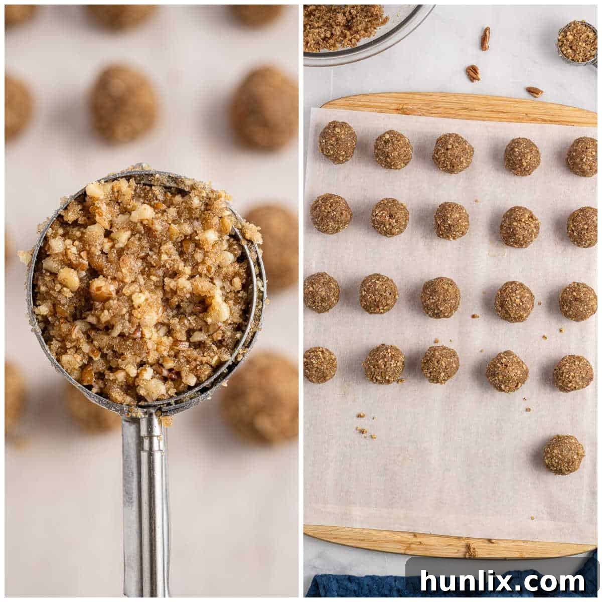 Pecan Pie Truffles 5 A visual collage showing the stages of forming the pecan mixture into uniform balls.