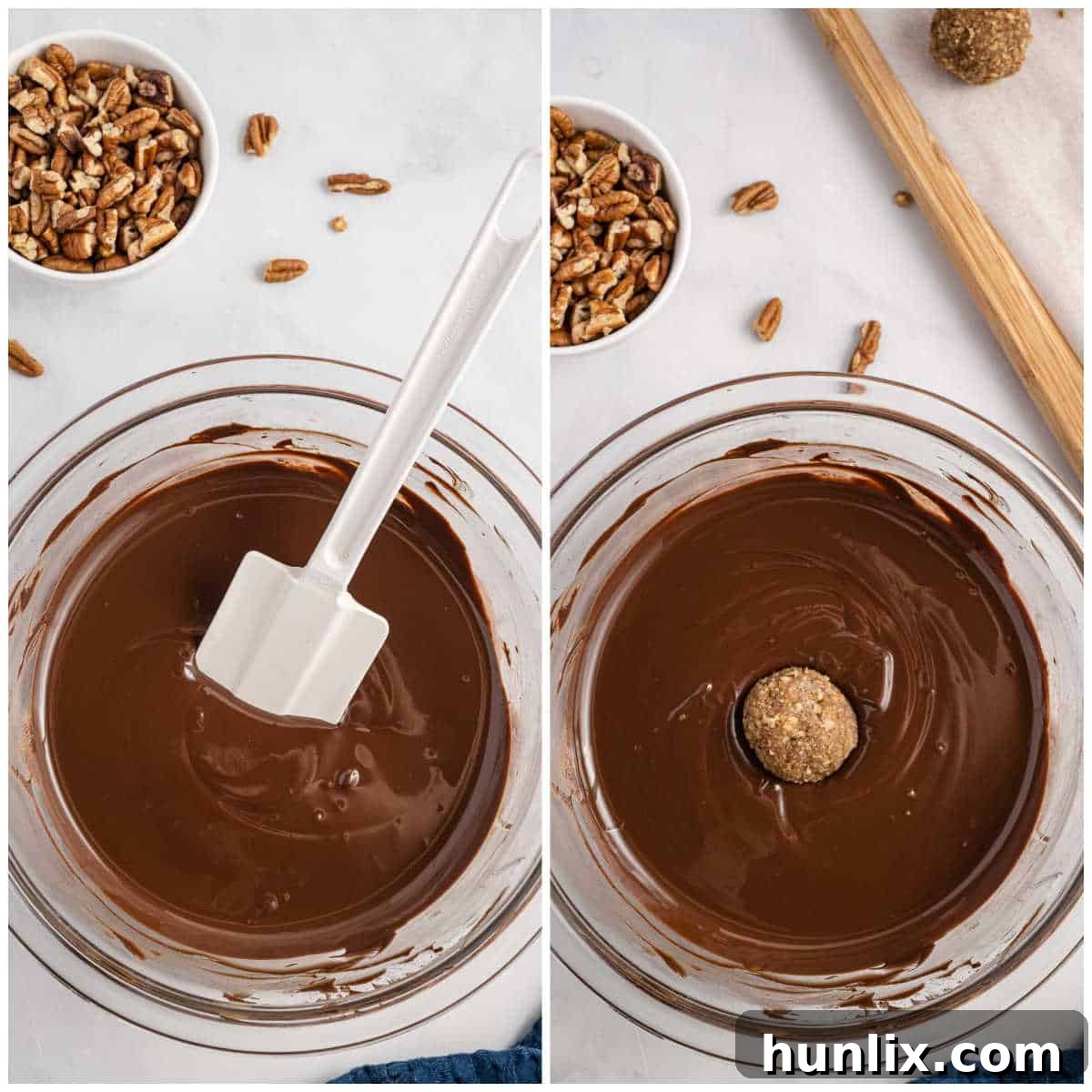 Pecan Pie Truffles 6 A collage demonstrating the steps of melting chocolate and dipping a pecan pie ball for coating.