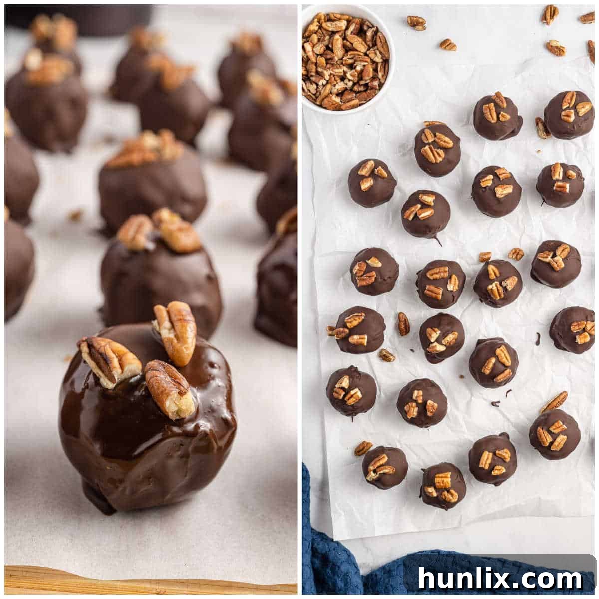 Pecan Pie Truffles 7 A captivating collage showcasing the finished pecan pie balls arranged on parchment paper.