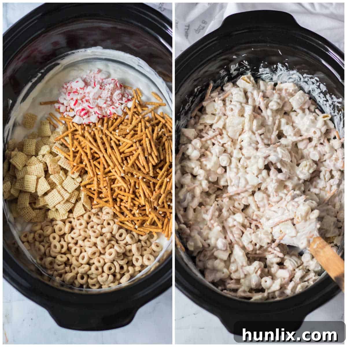 A collage showing the process of mixing ingredients for peppermint crockpot candy in a slow cooker, illustrating the texture and coating.