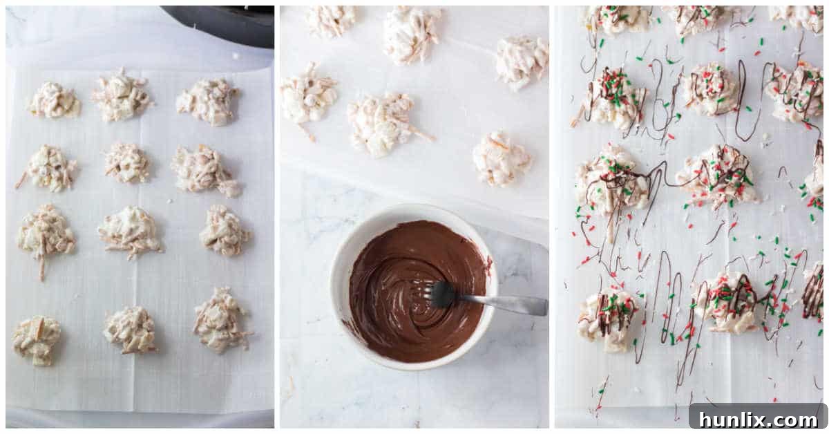 A collage illustrating the final steps of making peppermint crockpot candy, showing the clusters being scooped onto parchment paper and topped with chocolate drizzle and sprinkles.