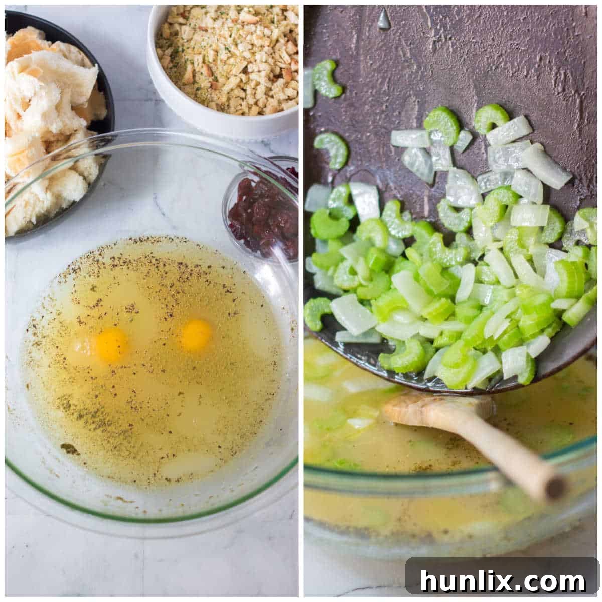 Effortless Slow Cooker Cranberry Pecan Stuffing 4 The initial steps of preparing cranberry pecan stuffing, showing sautéed vegetables in a pan and a bowl with whisked liquid ingredients.