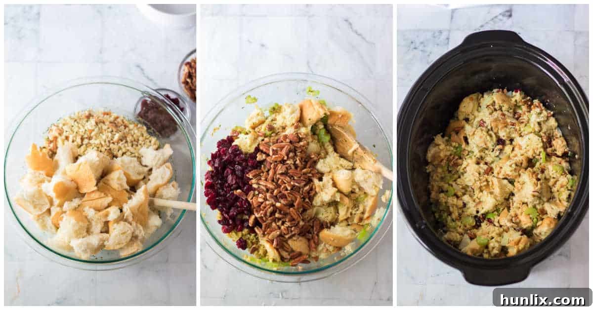 Effortless Slow Cooker Cranberry Pecan Stuffing 5 The mixed cranberry pecan stuffing ingredients being carefully transferred into a slow cooker, ready for cooking.