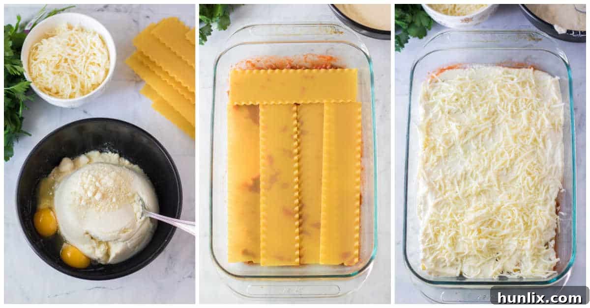 Festive Lasagna Delight 4 First layers of Christmas lasagna being assembled, showing noodles, ricotta, and mozzarella.