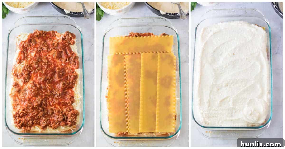 Festive Lasagna Delight 5 Second stage of Christmas lasagna assembly, showing additional layers of noodles and ricotta.