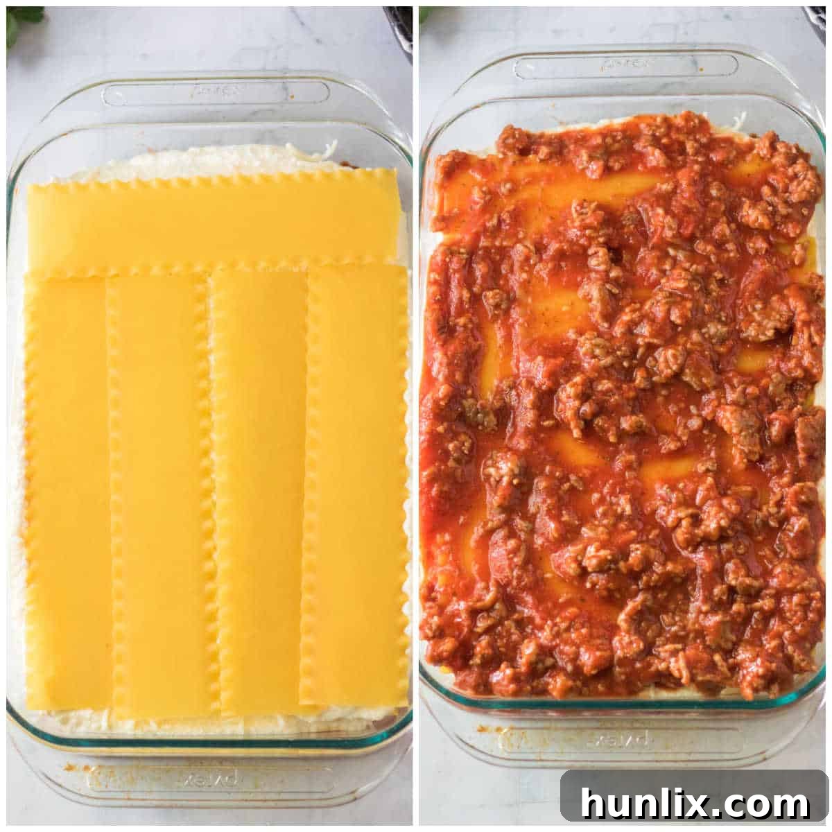 Festive Lasagna Delight 6 Final layers of Christmas lasagna before baking, with sauce covering the top noodles.