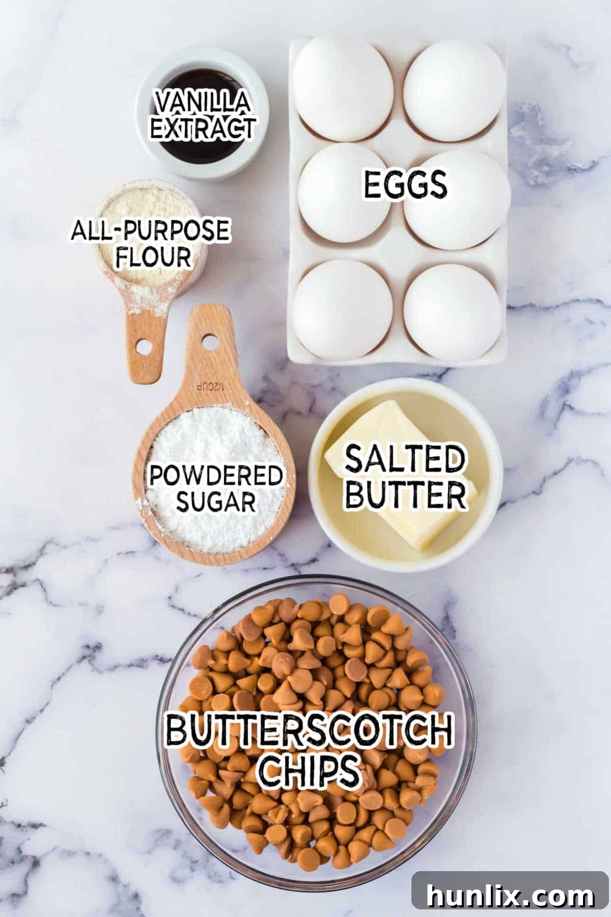 Molten Butterscotch Delights 3 Ingredients on a white marble counter.