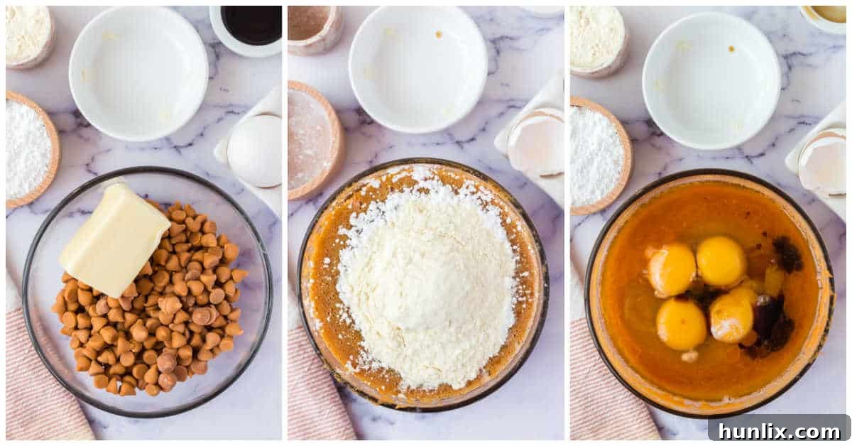 Molten Butterscotch Delights 4 Collage of mixing ingredients in a bowl.