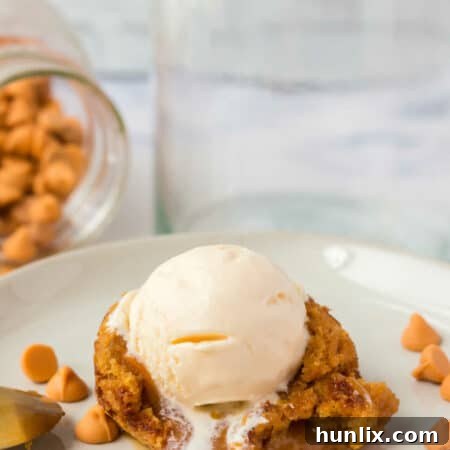 The recipe on a plate topped with vanilla ice cream.