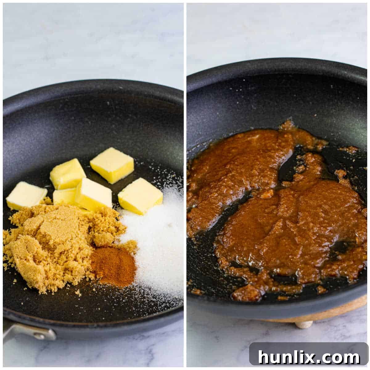 A skillet on a stovetop with butter, sugars, and cinnamon melting into a rich, aromatic syrup, the first step in making Cracker Barrel Fried Apples.