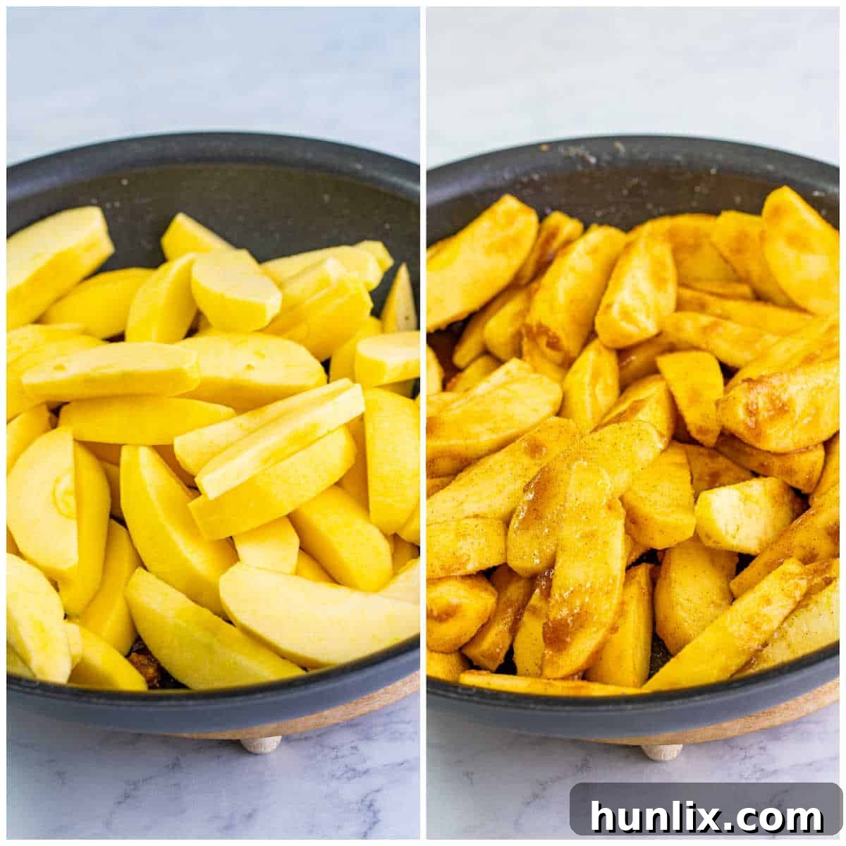 Apple slices simmering in a skillet with a sweet, spiced syrup, covered with a lid to cook until tender-crisp, an essential stage in preparing Cracker Barrel Fried Apples.
