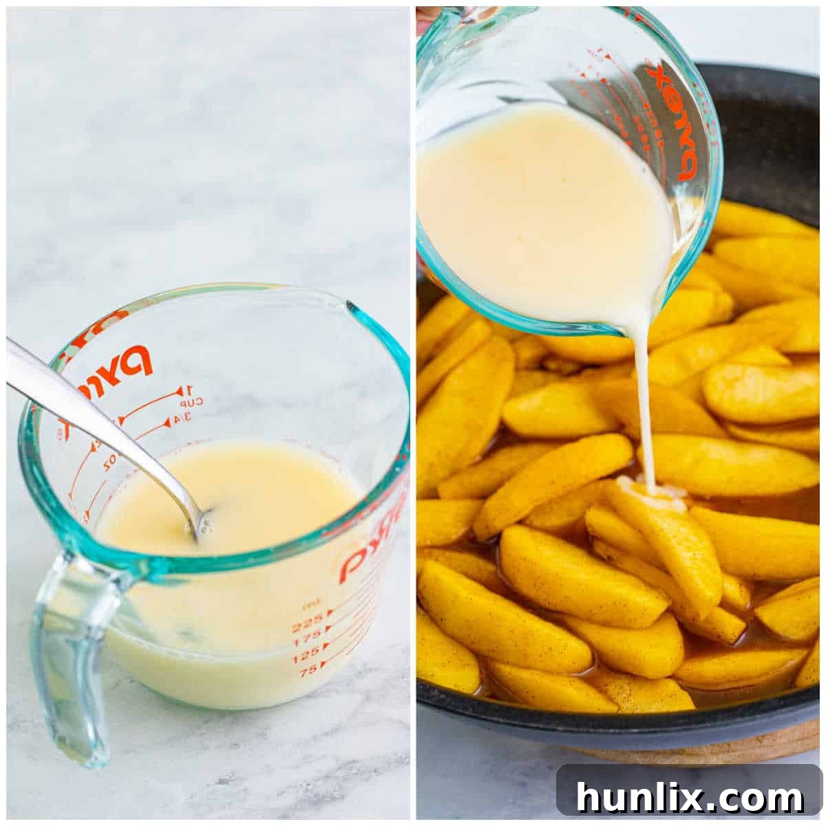 A skillet of fried apples being stirred as a cornstarch slurry is slowly added, thickening the sauce to perfection before serving, the final step in making Cracker Barrel Fried Apples.